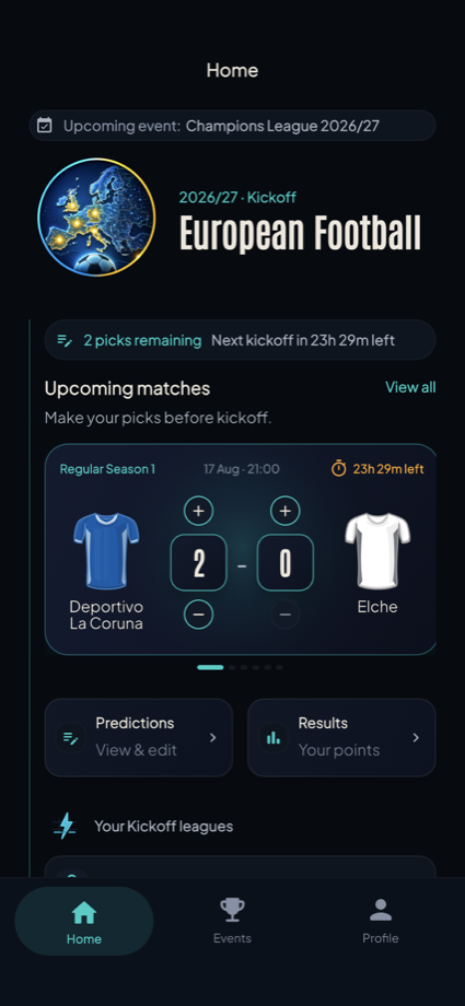 NO10 Home showing the European Football event and an upcoming score prediction