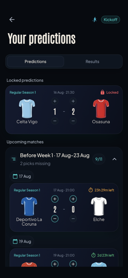 NO10 Kickoff screen showing locked and upcoming football score predictions